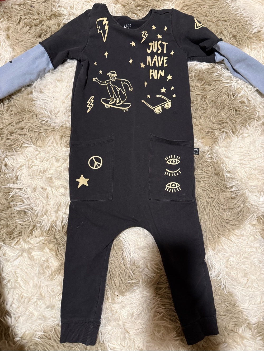 Kids 'Just Have Fun' Black One-Piece Romper with Blue Sleeves